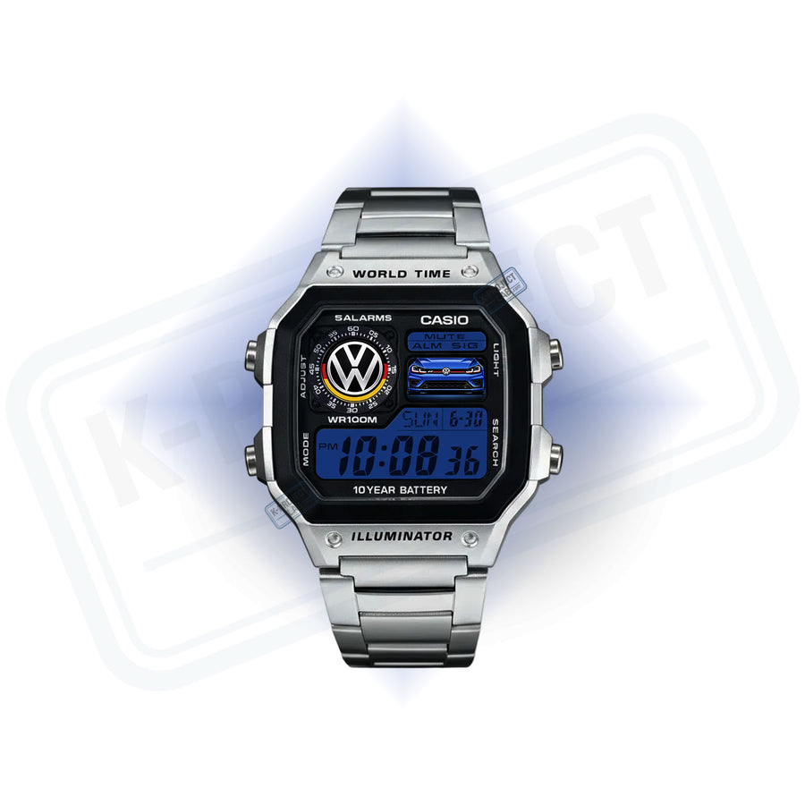 Casio AE-1200 R-Line VII Midnight en acier, affichage bleu avec emblème rond, de K-Project Lab