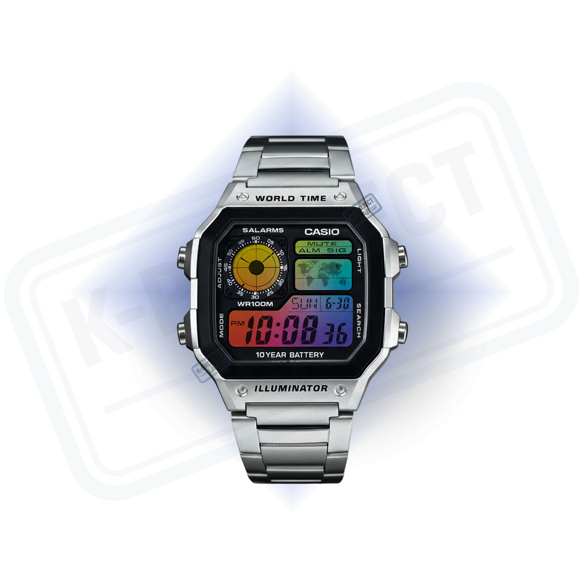 Casio AE-1200 Amber Signal in Stahl von vorne, bernsteinfarbenes Zifferblatt und buntes Display, von K-Project Lab