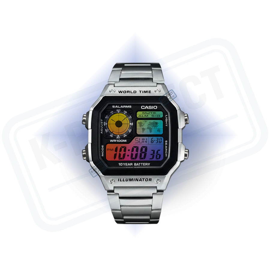 Casio AE-1200 Amber Signal v oceli zepředu, jantarový ciferník a barevný displej, od K-Project Lab
