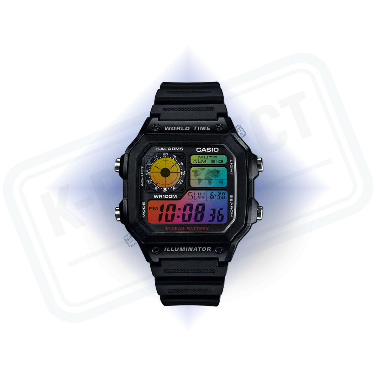 Casio AE-1200 Amber Signal in schwarzem Resin frontal, bernsteinfarbenes Zifferblatt, mehrfarbiges Display, von K-Project Lab