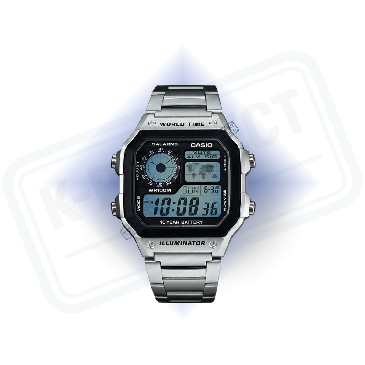 Casio AE-1200 Arctic Meridian in Stahl von vorne, eisblaues Display mit Weltkarte, von K-Project Lab
