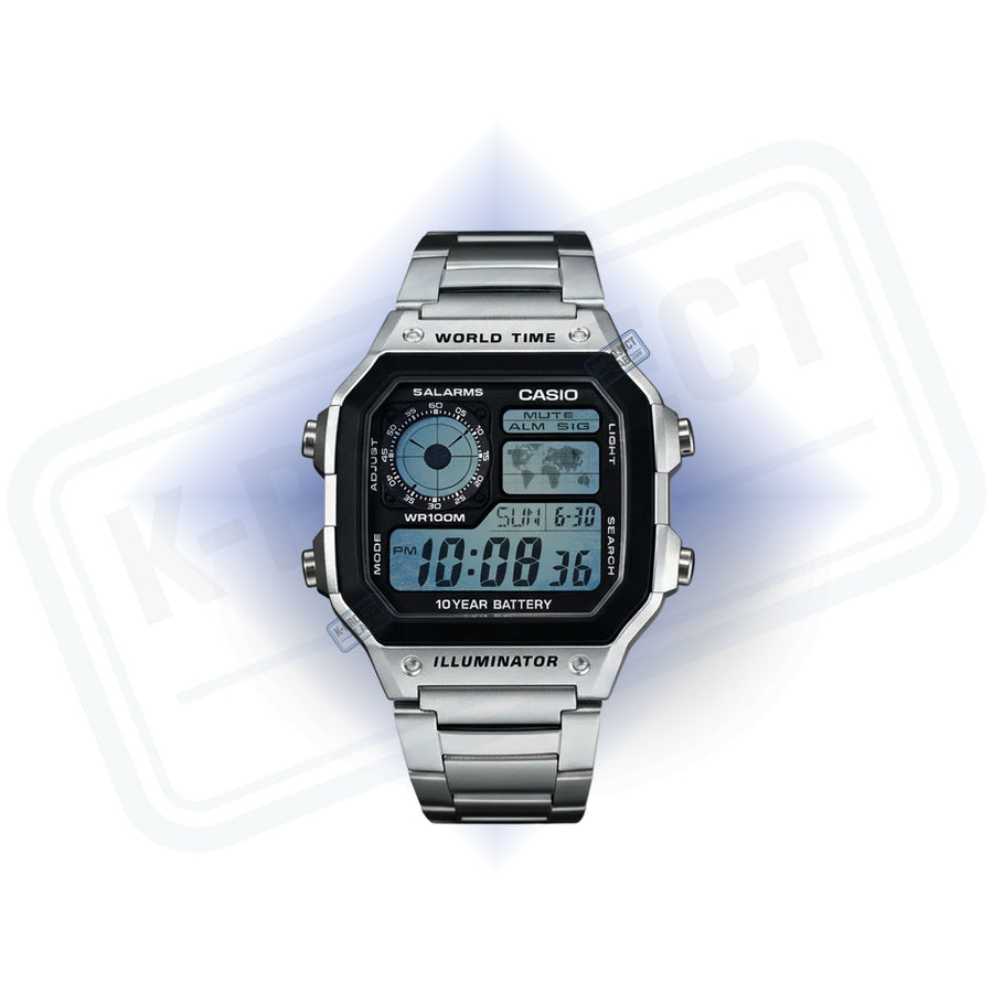 Casio AE-1200 Arctic Meridian in staal vooraanzicht, ijsblauw display met wereldkaart, van K-Project Lab