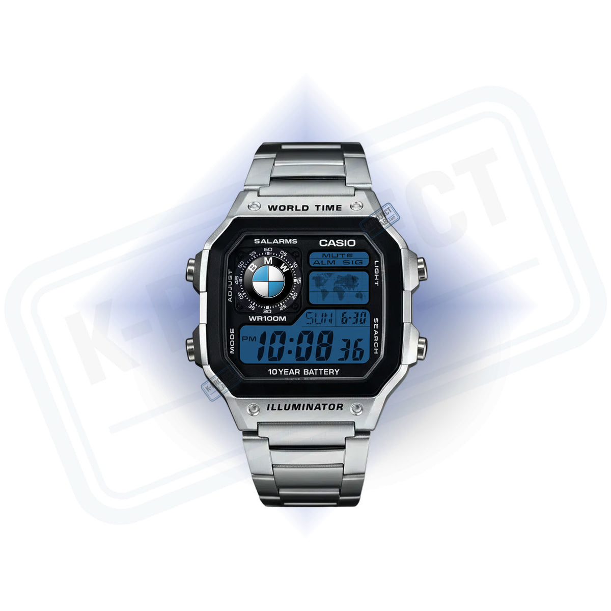 Casio AE-1200 Bavarian Signal in Stahl, von vorn, blaues Display und blau-weißes Rundemblem, von K-Project Lab