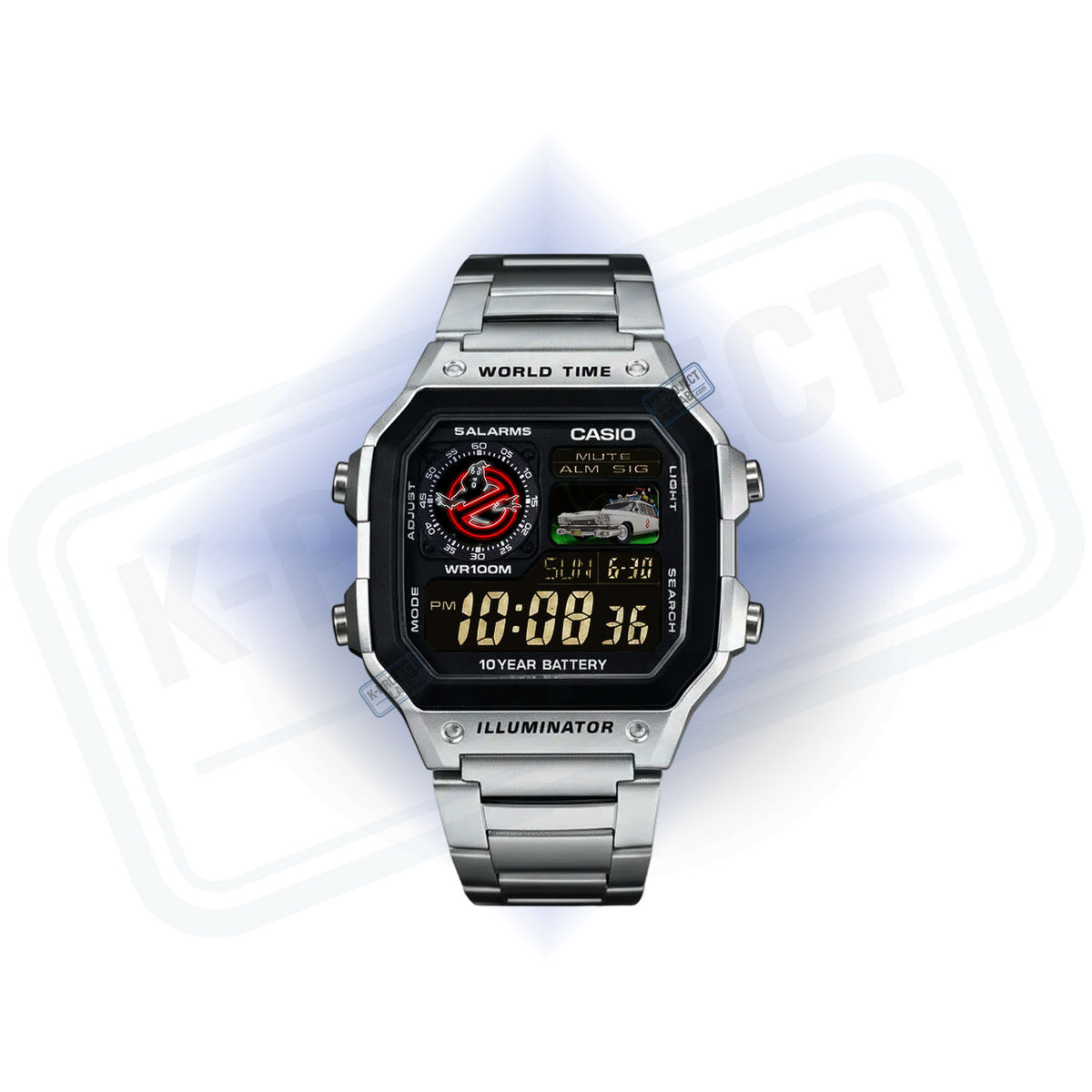 Casio AE-1200 Phantom Protocol in Stahl von vorne, rotes Geister-Emblem auf dem Zifferblatt, von K-Project Lab