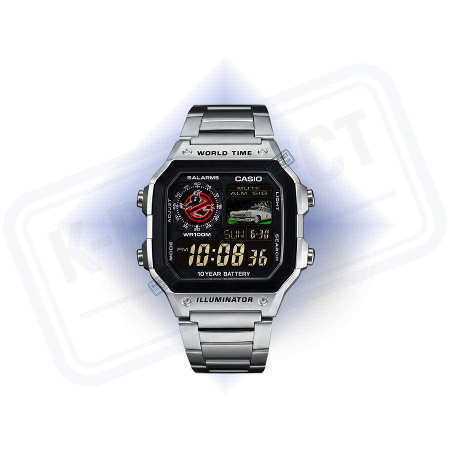 Casio AE-1200 Phantom Protocol in staal vooraanzicht, rood spookembleem op de wijzerplaat, van K-Project Lab