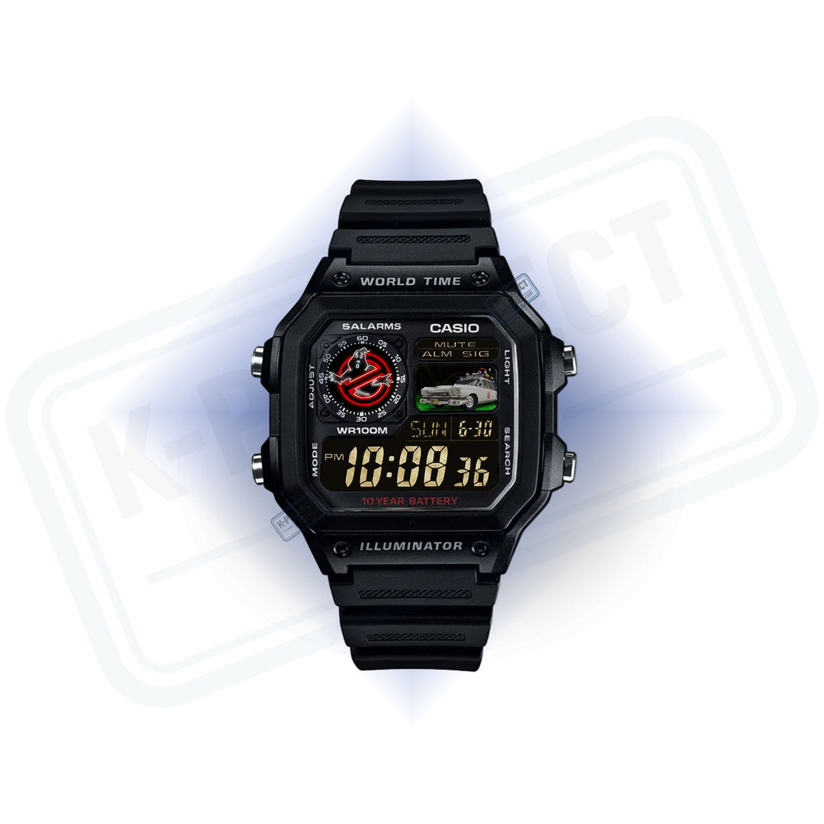 Casio AE-1200 Phantom Protocol in schwarzem Resin von vorne, rotes Emblem und Auto im Display von K-Project Lab
