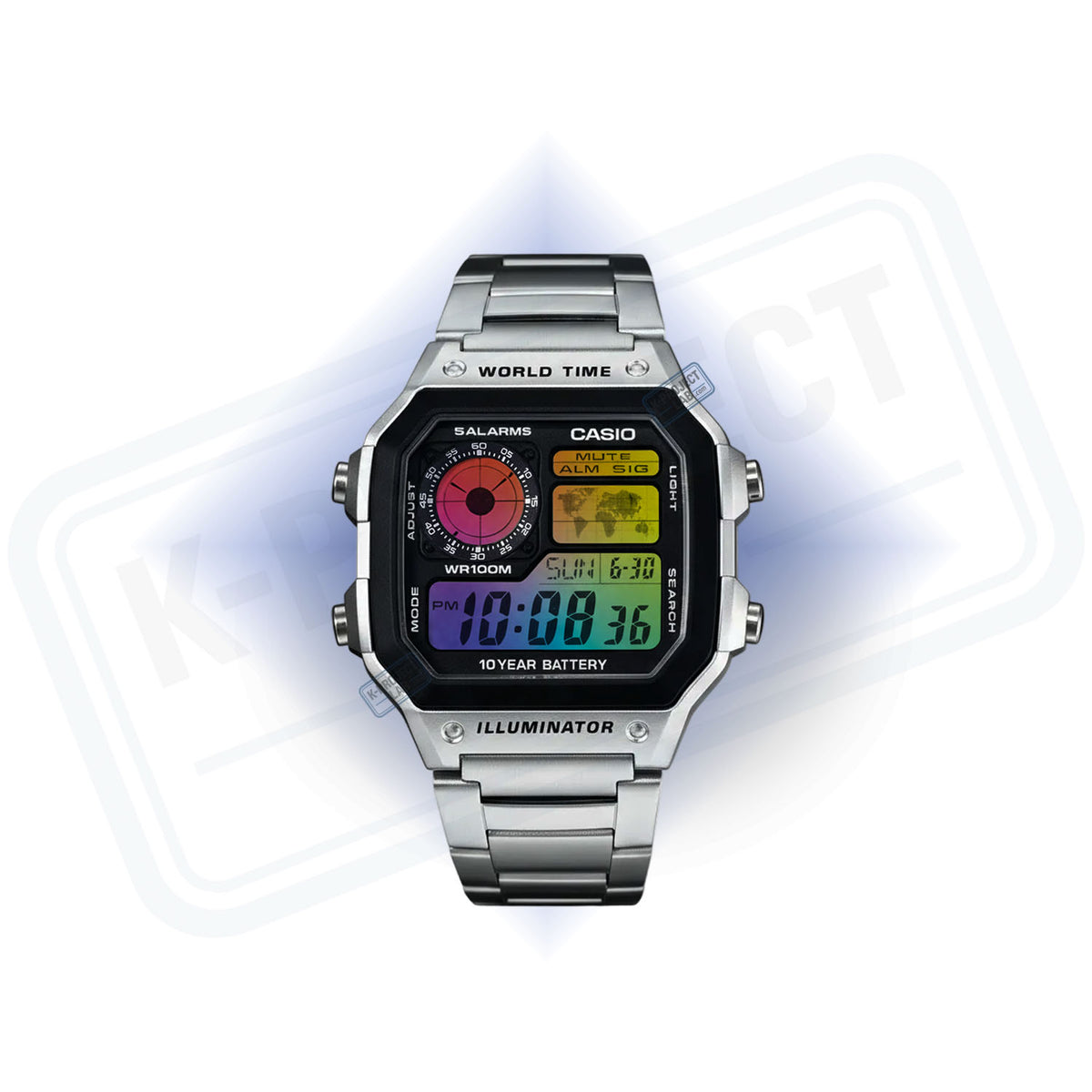 Casio AE-1200 Chromatic Grid teräksisenä edestä, metalliranneke ja monivärinen näyttö, K-Project Labilta