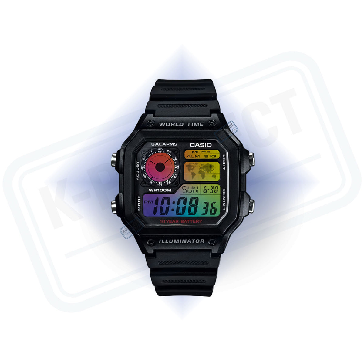 K-Project Labin muokkaama Casio AE-1200 Chromatic Grid mustana hartsina edestä, näyttö monivärisenä liukuvärinä