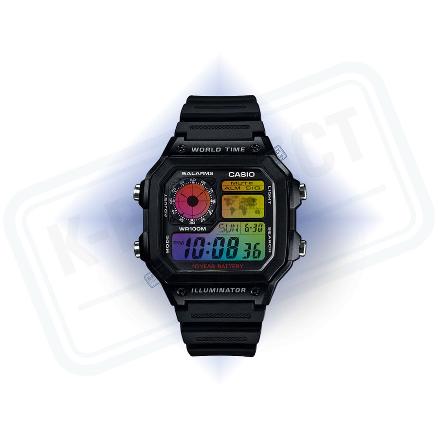 Casio AE-1200 Chromatic Grid v černé pryskyřici zepředu, displej v barevném přechodu od K-Project Lab