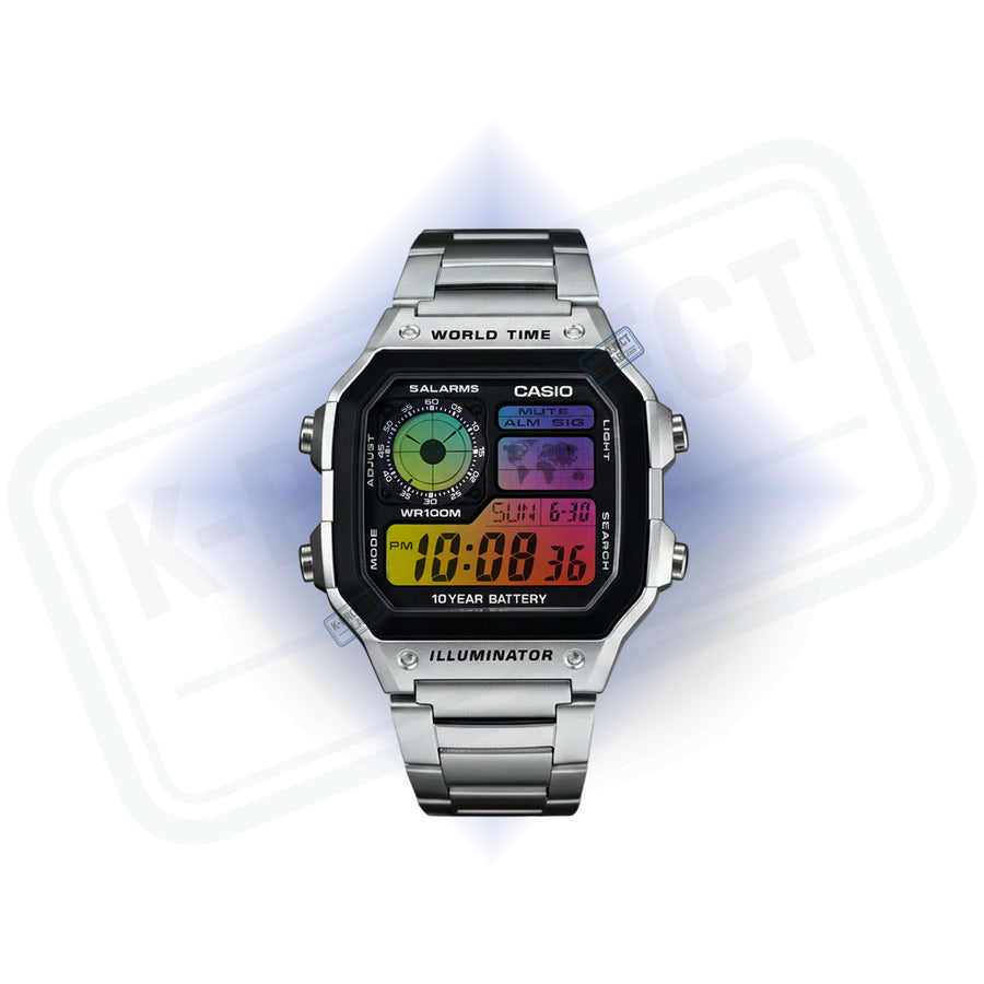 Casio AE-1200 Chromatic Signal in staal, vooraanzicht, multicolour display met groene radarwijzerplaat, van K-Project Lab