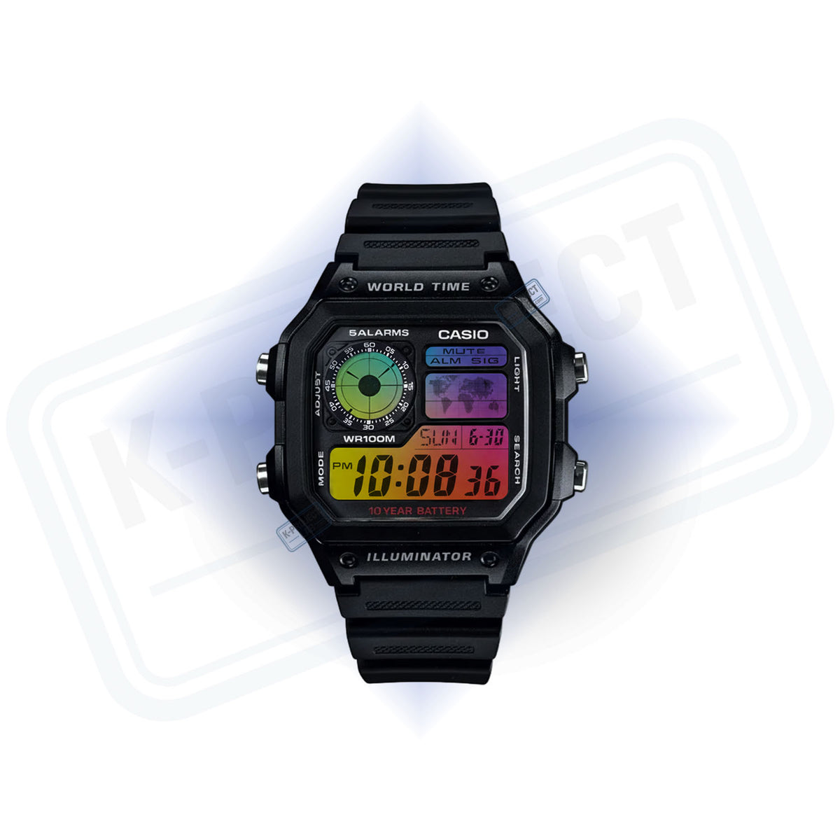 Casio AE-1200 Chromatic Signal mustana hartsina edestä, näytössä monivärinen liukuväri, K-Project Labilta