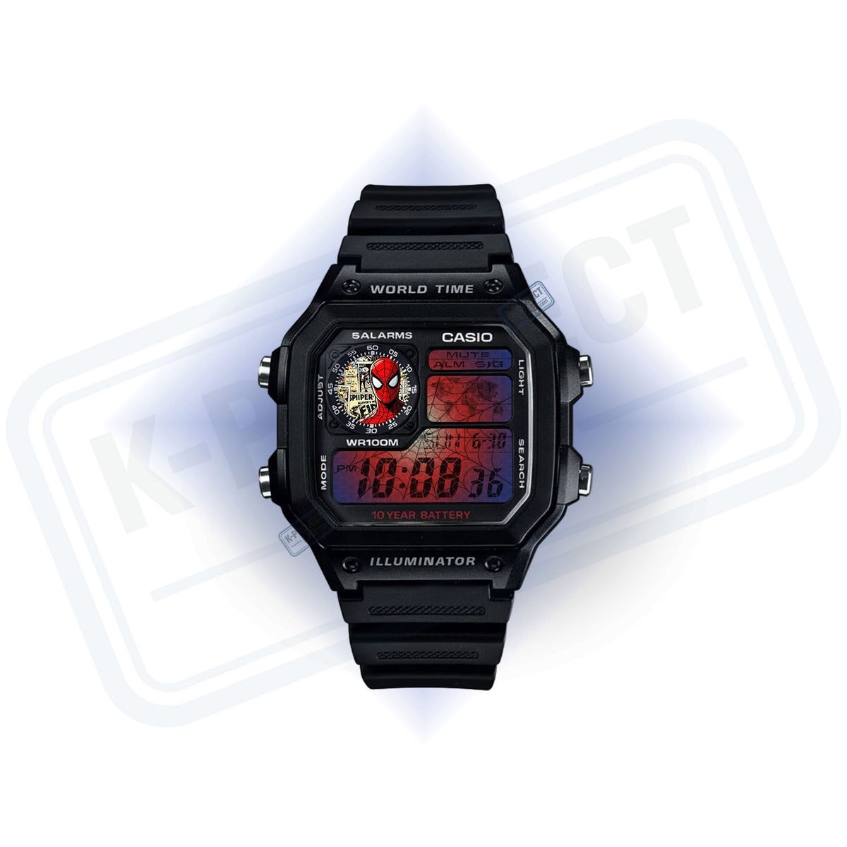 Casio AE-1200 Comic Verse Web Archive in schwarzem Resin von vorne, rotes Spinnennetzmuster von K-Project Lab
