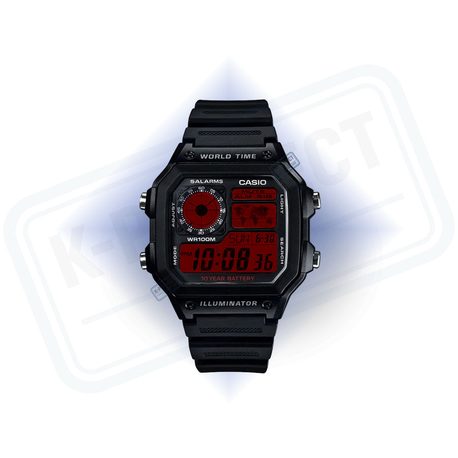 Casio AE-1200 Crimson Matrix en résine noire de face, écran filtré en rouge par K-Project Lab