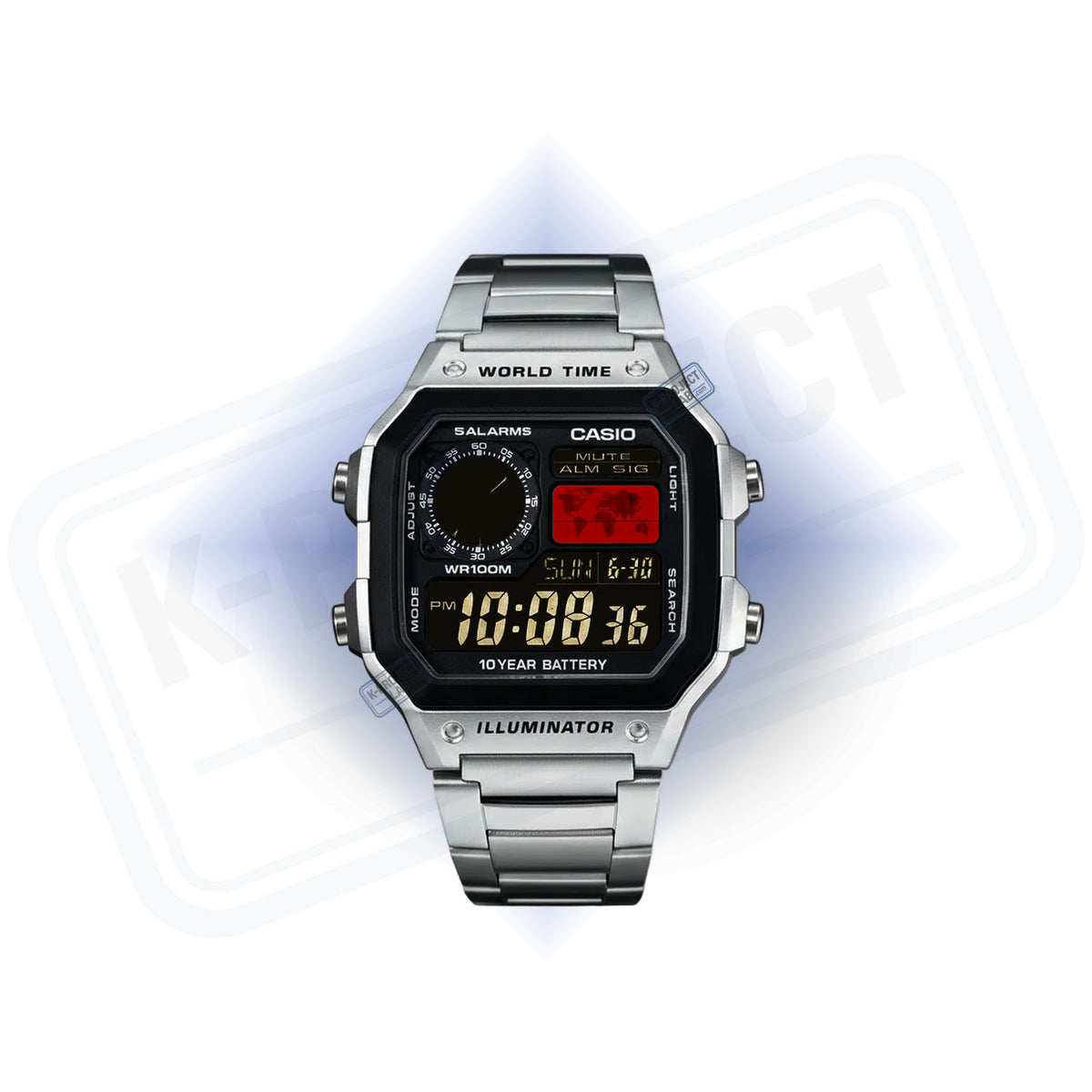 Casio AE-1200 Crimson Meridian in Stahl von vorne, rote Weltkarte und goldene Ziffern von K-Project Lab