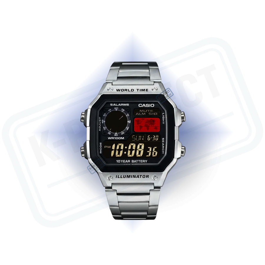 Casio AE-1200 Crimson Meridian v oceli zepředu, červená mapa světa a zlaté číslice od K-Project Lab