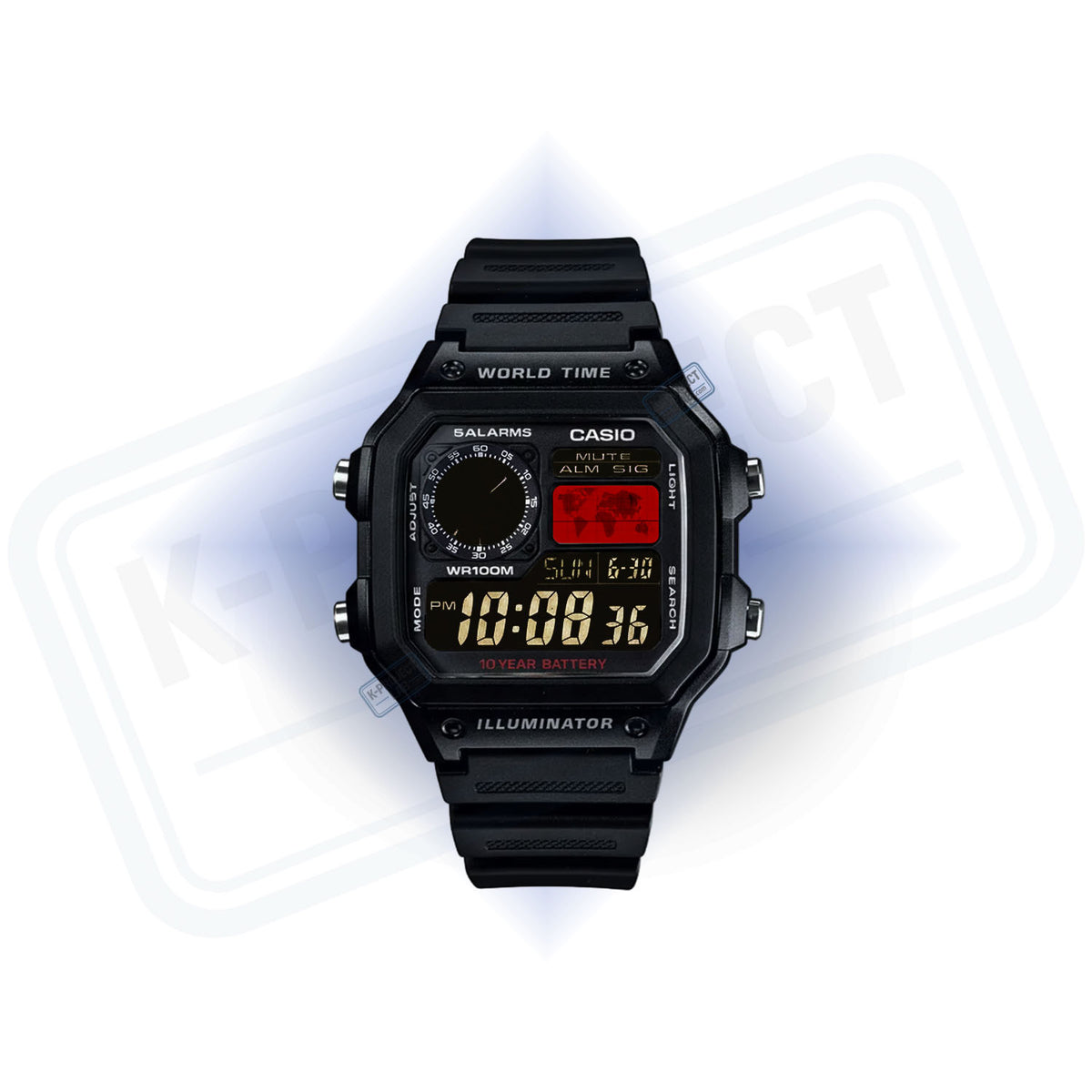 Casio AE-1200 Crimson Meridian in schwarzem Resin von vorne, dunkles Display mit rotem Detail, von K-Project Lab