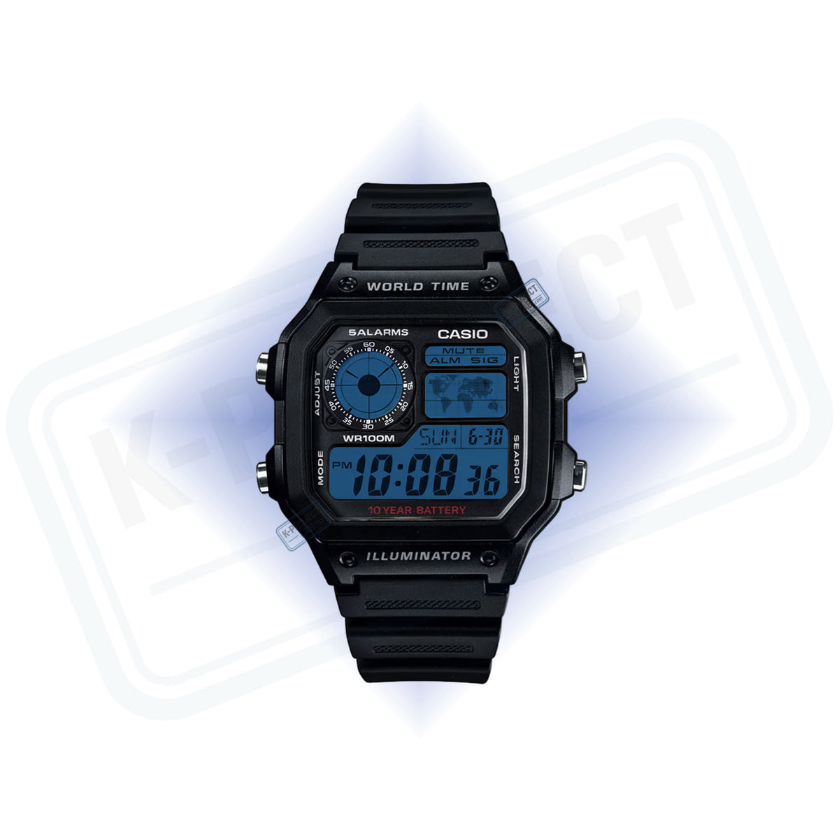 K-Project Labin muokkaama Casio AE-1200 Deep Blue Grid mustana hartsina edestä, sininen näyttö