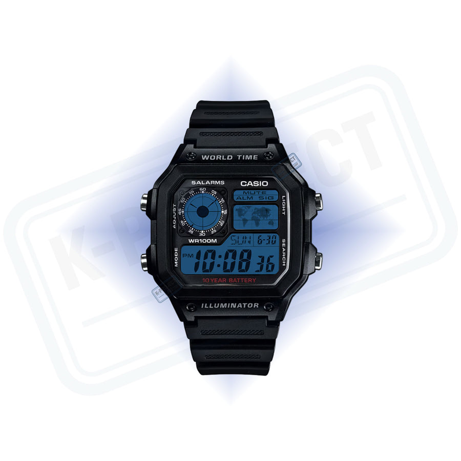 Casio AE-1200 Deep Blue Grid v černé pryskyřici zepředu, s modrým displejem od K-Project Lab