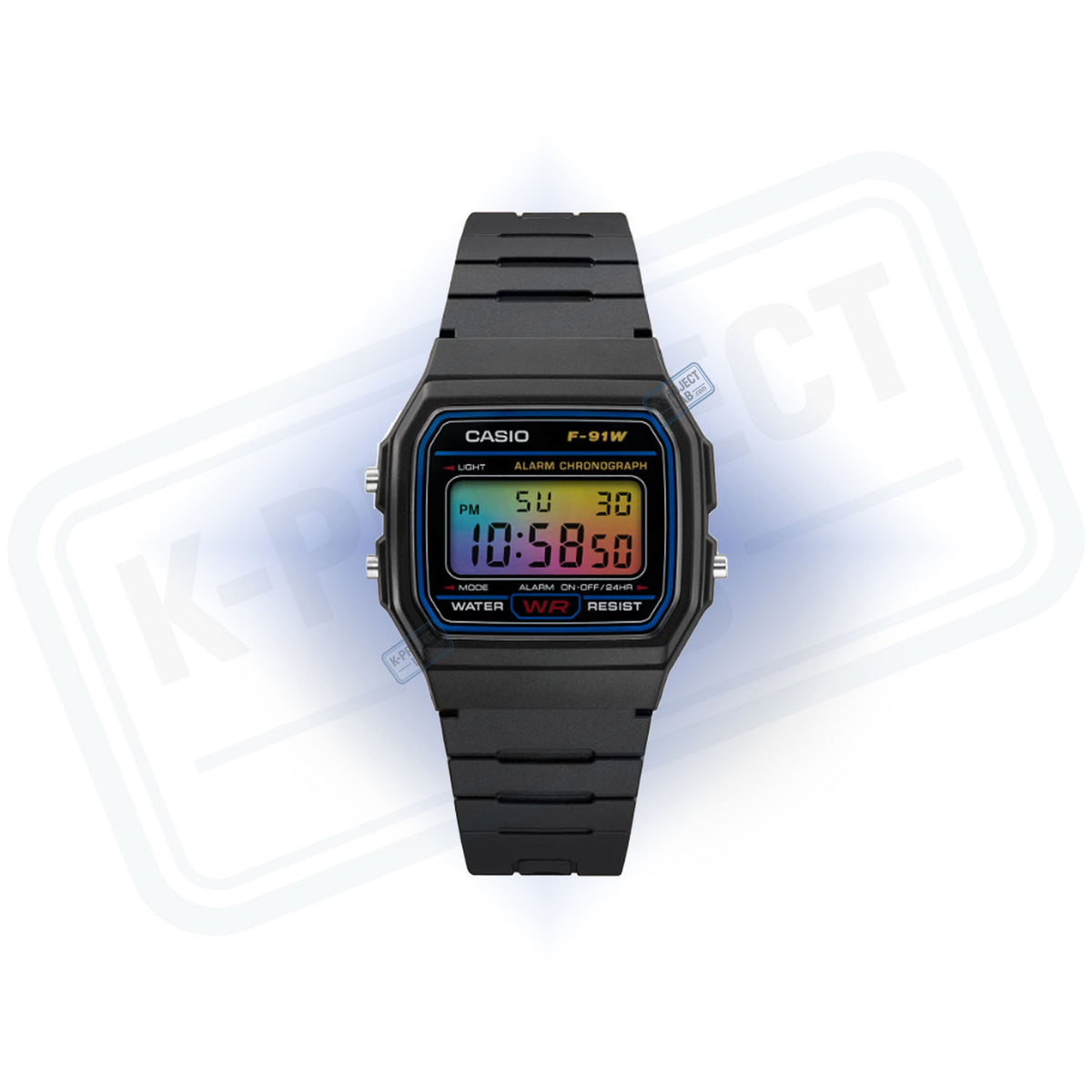 Casio F-91W Rainbow Signal in schwarzem Resin von vorne, Display im Regenbogenverlauf, von K-Project Lab