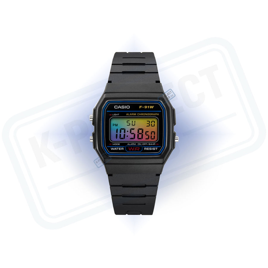 Casio F-91W Rainbow Signal in zwarte resin vooraanzicht, display met regenbooggradiënt, van K-Project Lab