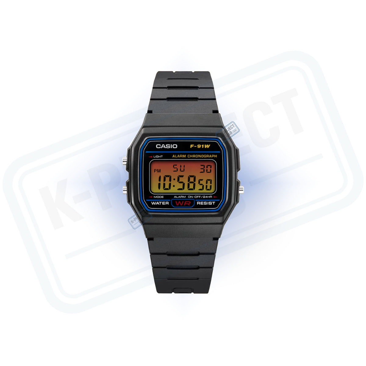 Casio F-91W Solar Horizont in schwarzem Resin von vorne, Display im Bernsteinverlauf mit blauem Rahmen von K-Project Lab
