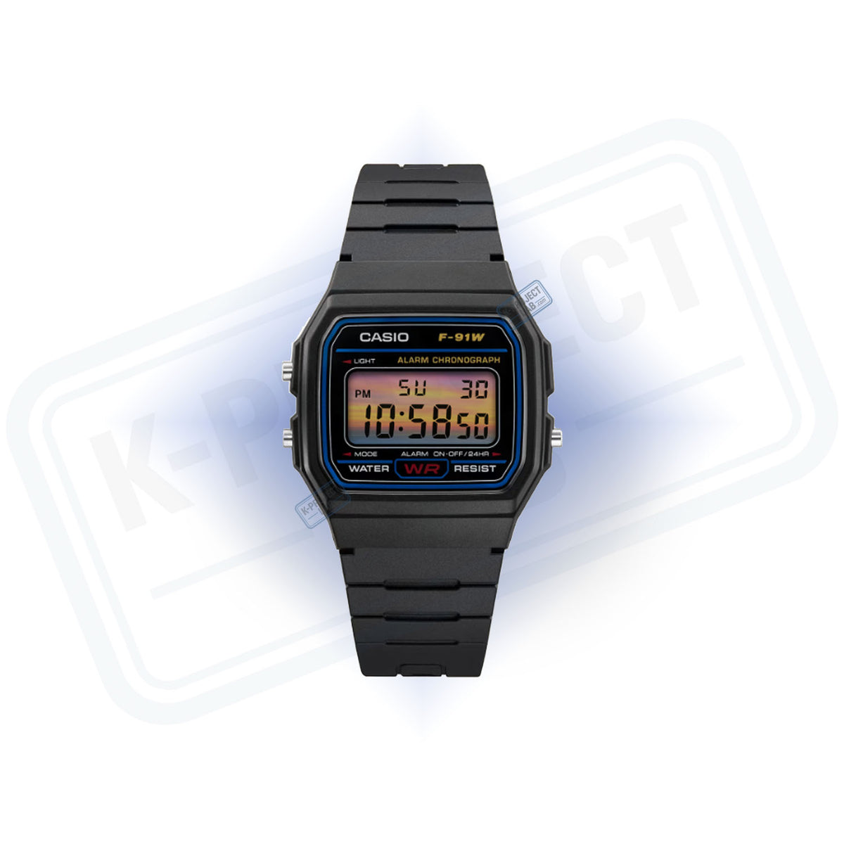 Casio F-91W Sunset Horizont i svart resin framifrån, solnedgångstoning på displayen, från K-Project Lab