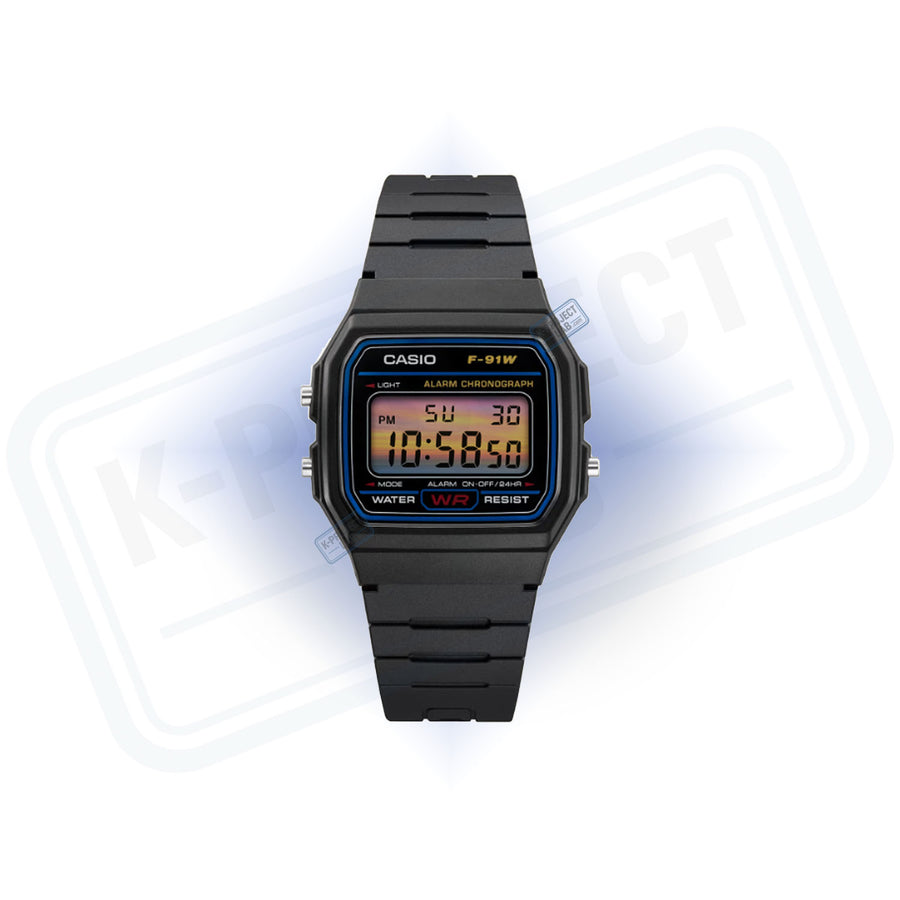 Casio F-91W Sunset Horizont in zwarte resin vooraanzicht, zonsondergangverloop op display, van K-Project Lab