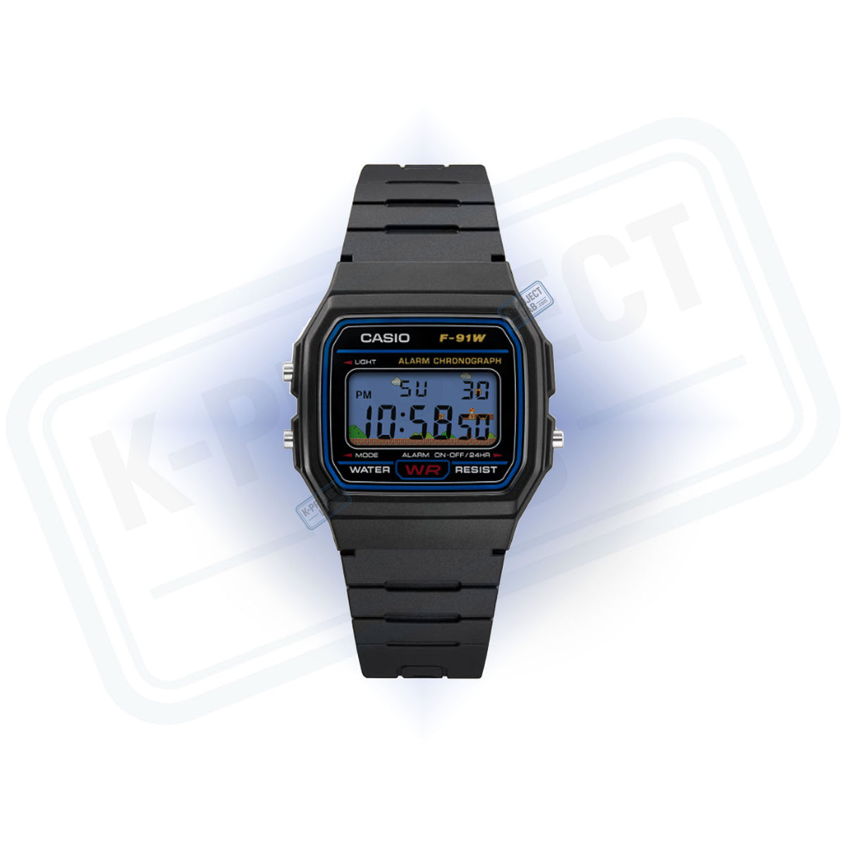 K-Project Labin muokkaama Casio F-91W Pixel Kingdom mustana hartsina edestä, retro pikselimaisema näytössä