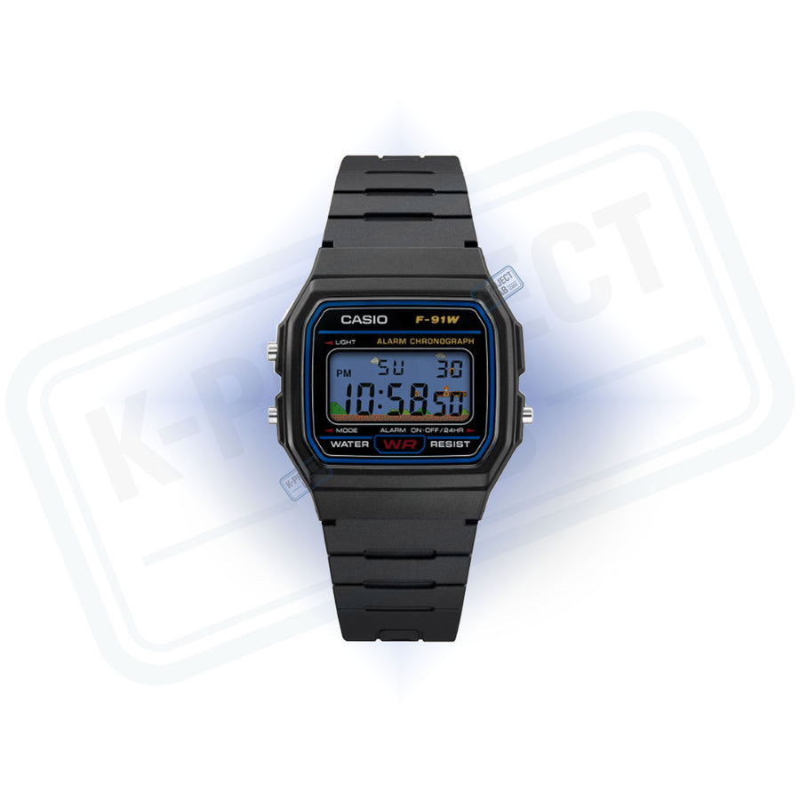Casio F-91W Pixel Kingdom in zwarte resin van voren, retro pixelscène op het display van K-Project Lab