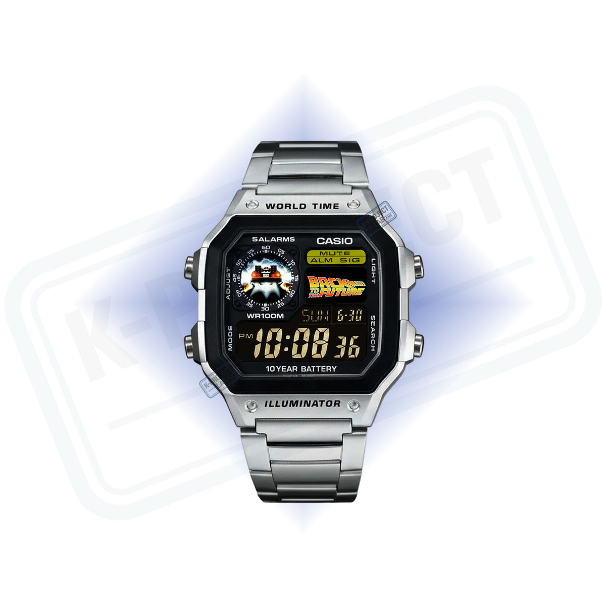 K-Project Labin muokkaama Casio AE-1200 Flux Horizon teräksisenä edestä, kuvitettu kellotaulu ja kultaiset numerot