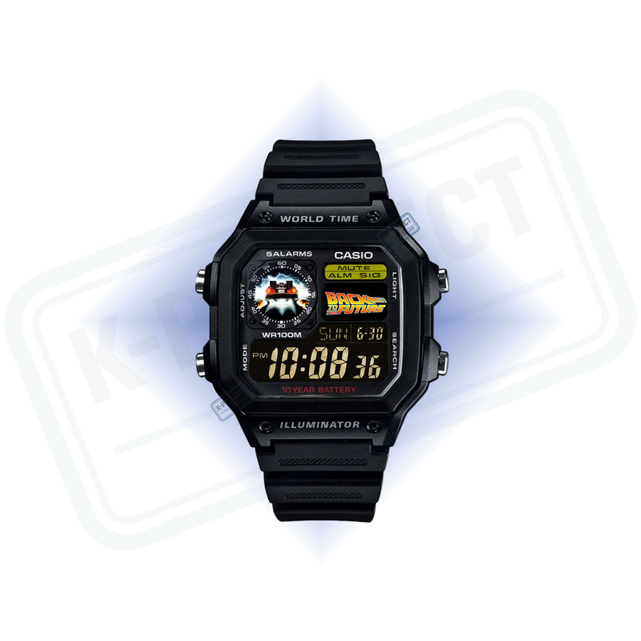 Casio AE-1200 Flux Horizon in zwarte resin, geïllustreerde wijzerplaat en retrofuturistisch embleem, van K-Project Lab