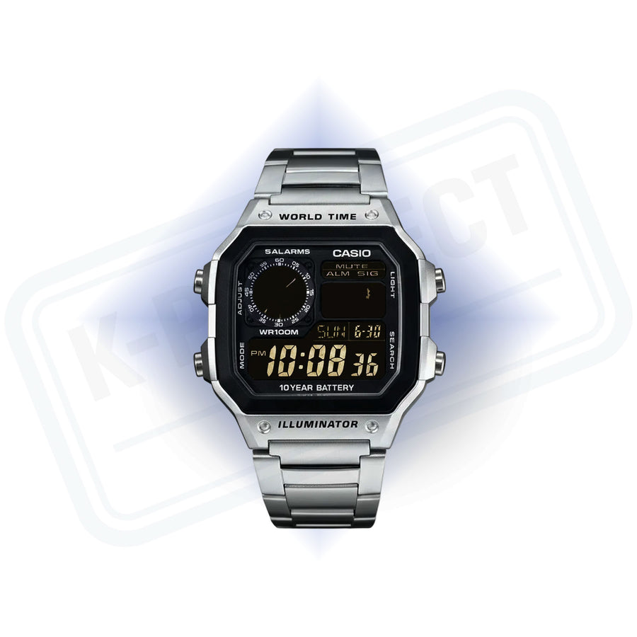 Casio AE-1200 Ghost v oceli zepředu, tmavý monochromatický displej a zlaté číslice, od K-Project Lab