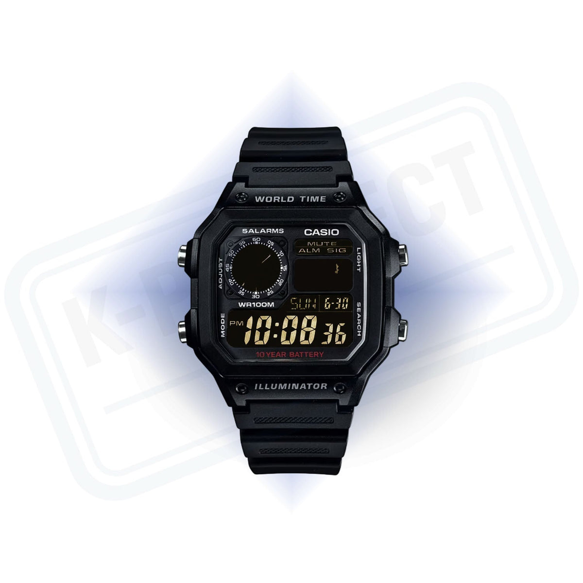 Casio AE-1200 Ghost in schwarzem Resin frontal, mit dunklem, monochromem Display, von K-Project Lab