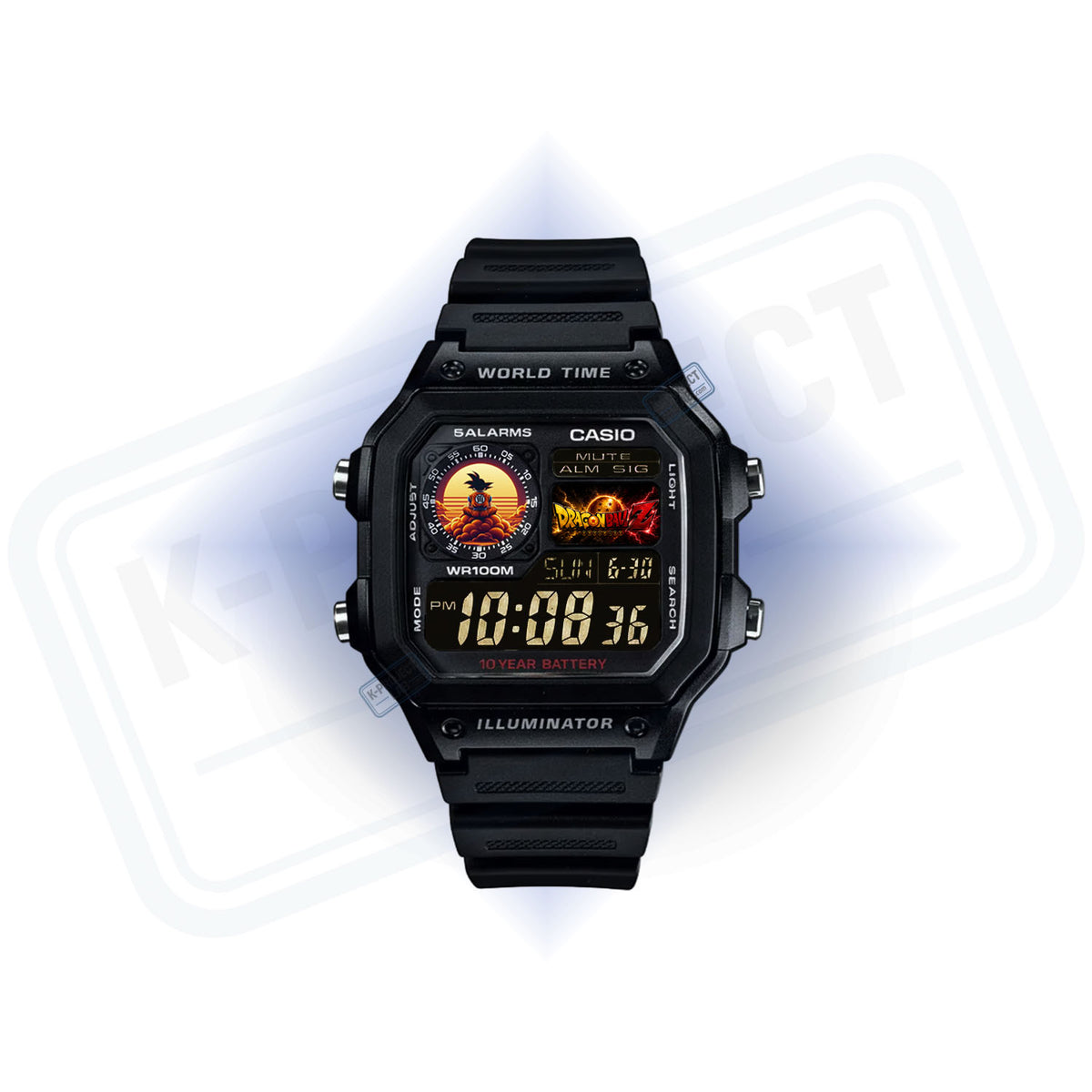 Casio AE-1200 Goku Sunrise in schwarzem Resin von vorne, mit orangefarbenem Display von K-Project Lab