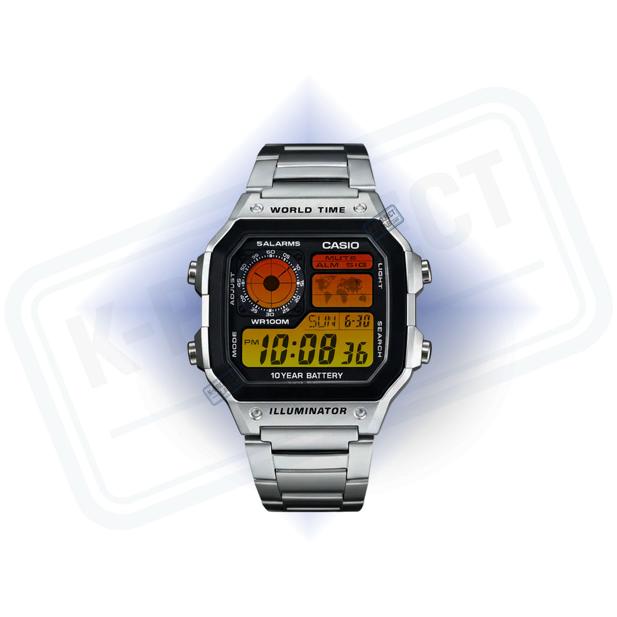 K-Project Labin muokkaama Casio AE-1200 Golden Grid teräksisenä edestä, metalliranneke ja meripihkan värinen näyttö