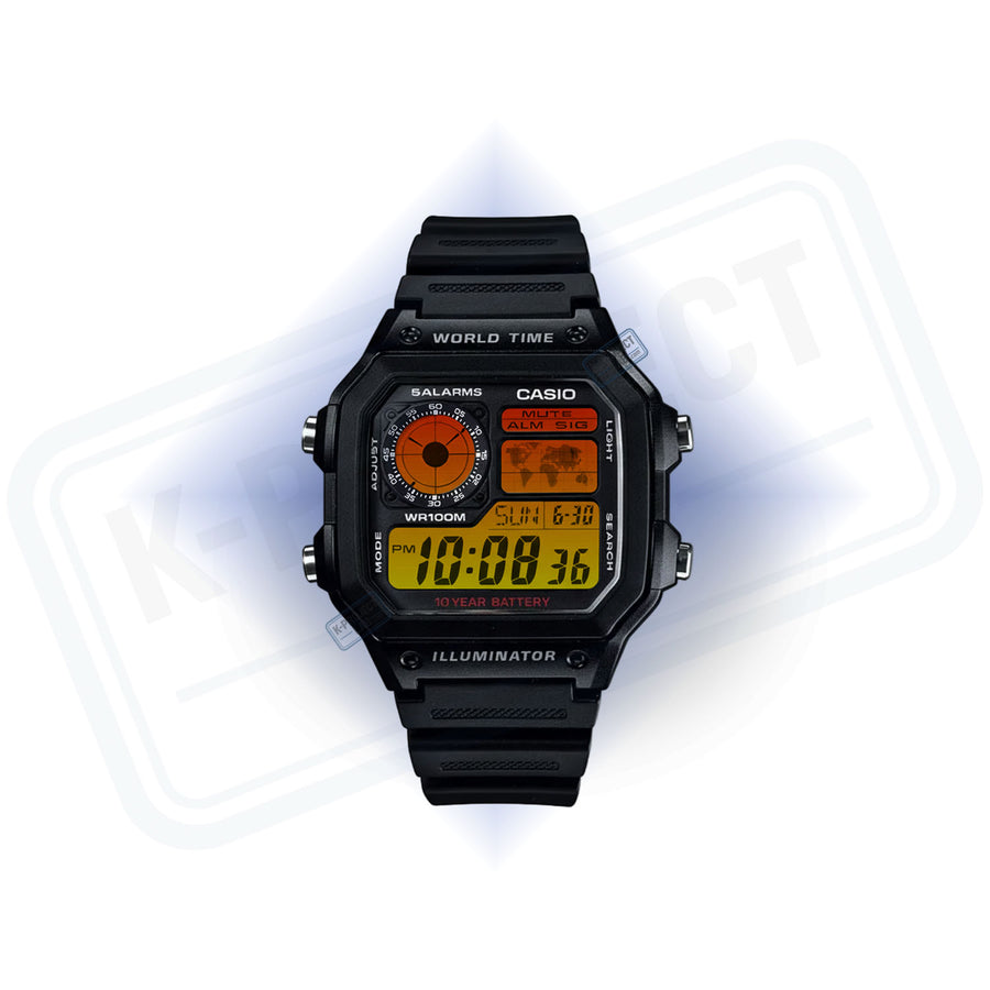 Casio AE-1200 Golden Grid v černé pryskyřici zepředu, jantarový displej a oranžový radar, od K-Project Lab