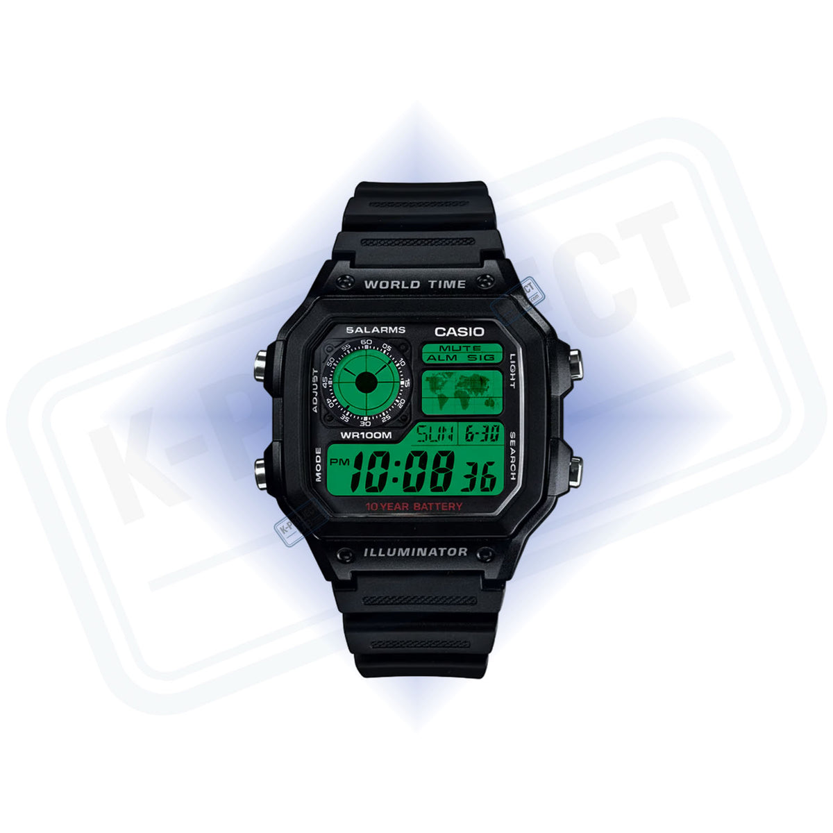 Casio AE-1200 Green Data Terminal mustana hartsina edestä, vihreä näyttö, K-Project Labilta