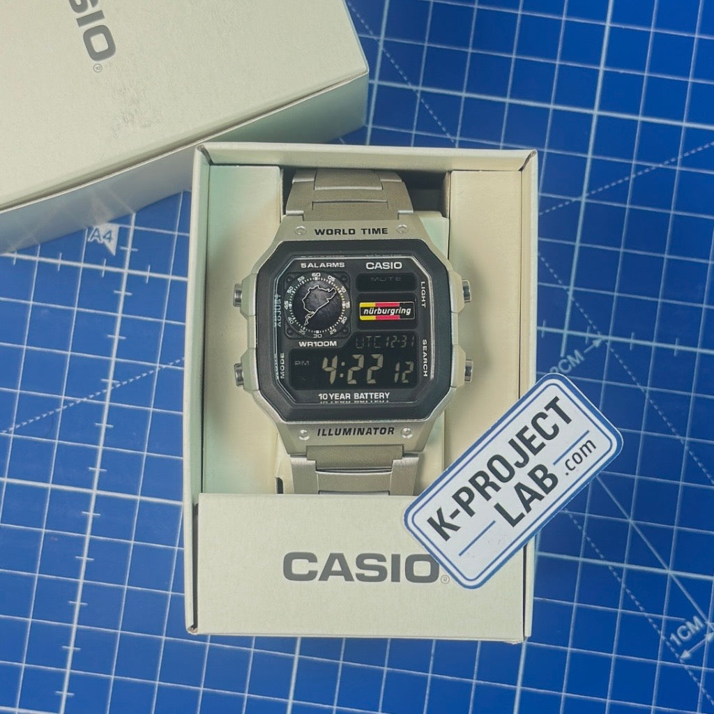 Casio AE-1200 Nordschleife Signal i stål i sin Casio-förpackning, bärnstensfärgad display, från K-Project Lab