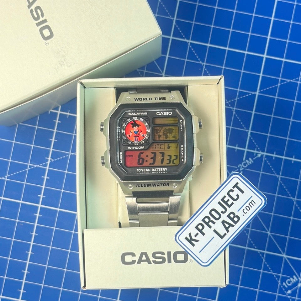 Casio AE-1200 Saiyan Signal in Stahl in der Originalbox, individualisiert von K-Project Lab