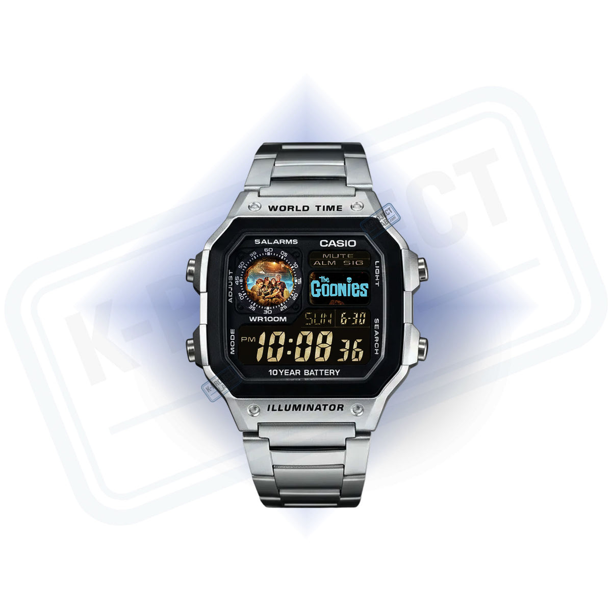 Casio AE-1200 Treasure Signal in Stahl von vorne, Abenteuer-Illustration auf dem Zifferblatt, von K-Project Lab