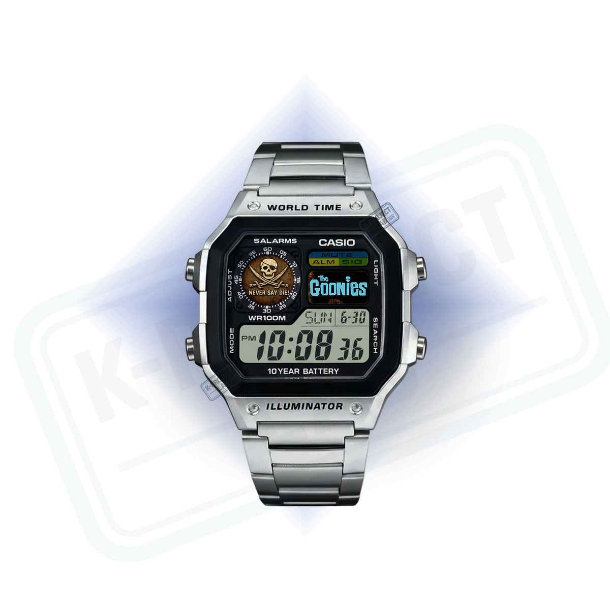 Casio AE-1200 Never Say Die in Stahl frontal, Totenkopf auf dem Zifferblatt, grünes Logo im Display, von K-Project Lab