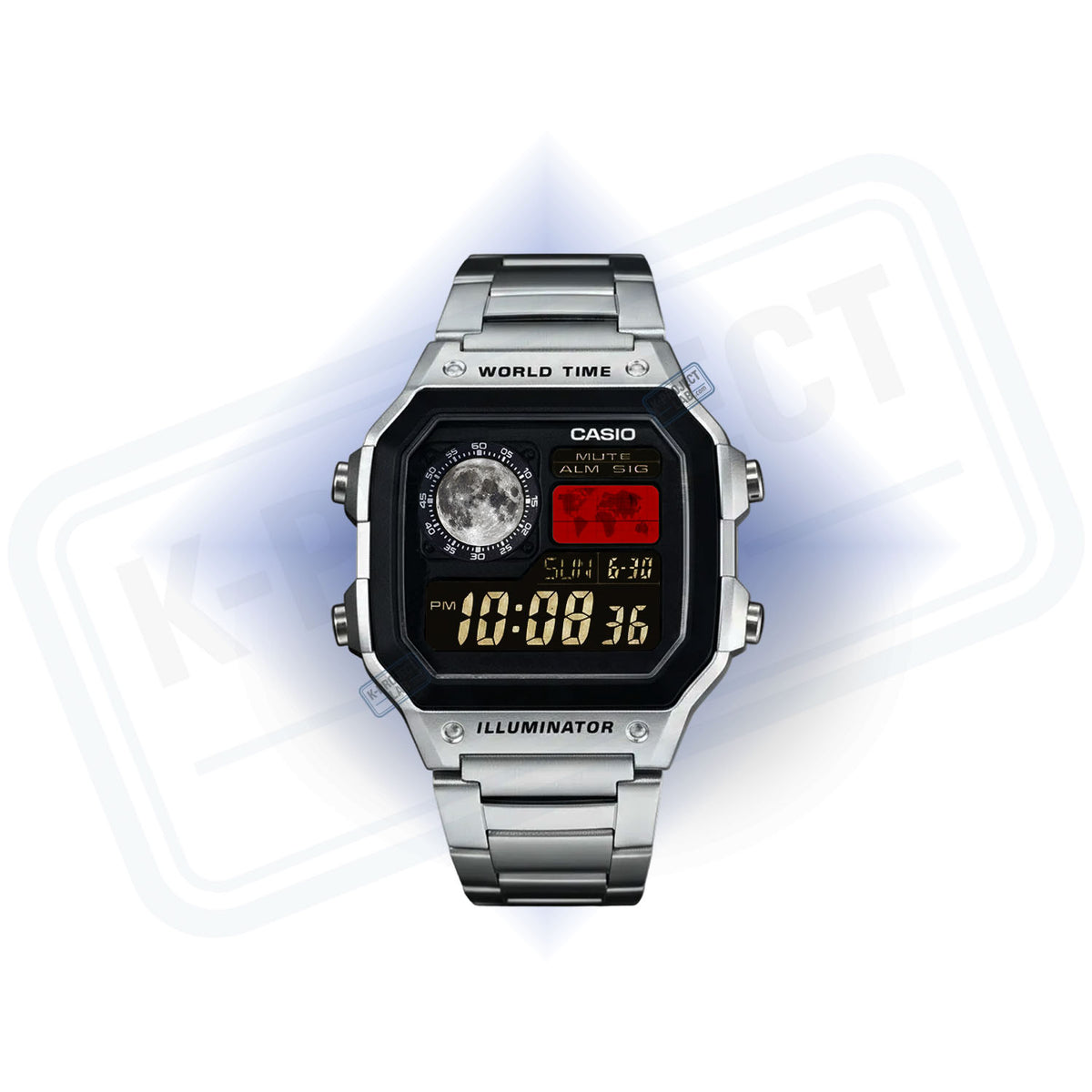 Casio AE-1200 Lunaris Meridian in Stahl von vorne, Vollmond im Zifferblatt und goldene Ziffern von K-Project Lab