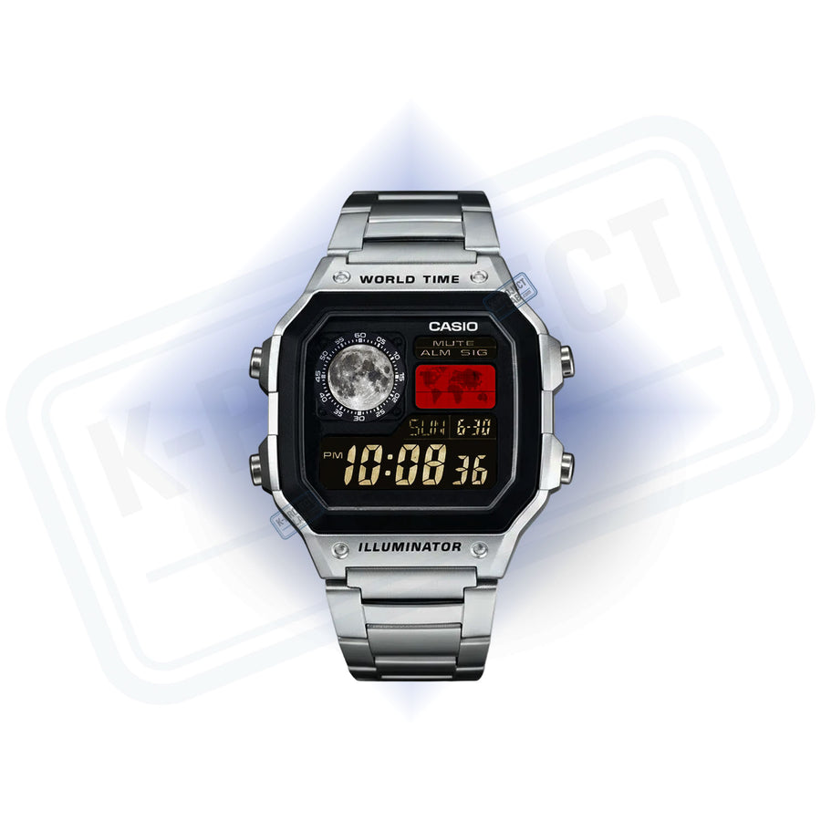Casio AE-1200 Lunaris Meridian in staal van voren, volle maan op de wijzerplaat en gouden cijfers van K-Project Lab
