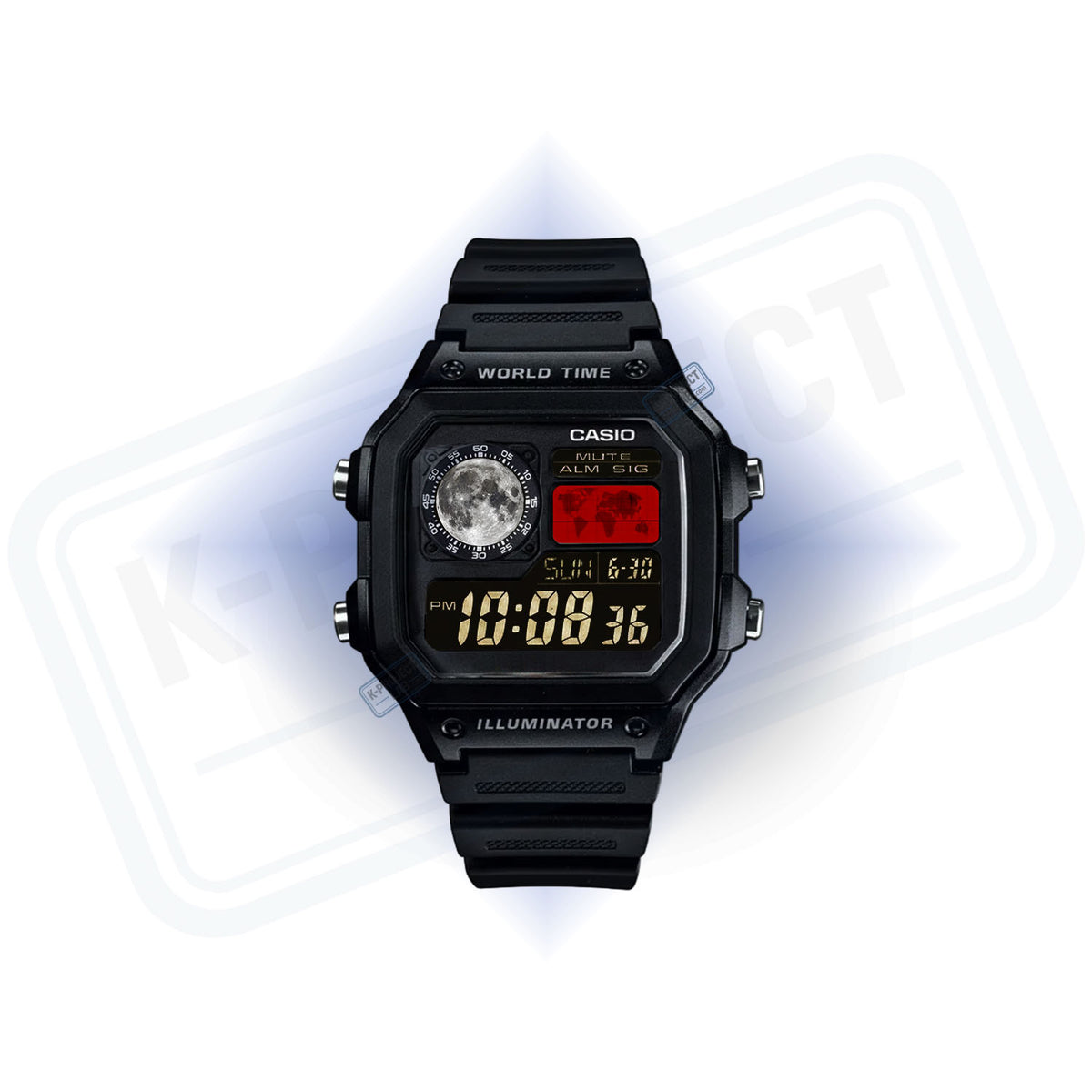 Casio AE-1200 Lunaris Meridian in schwarzem Resin von vorne, Vollmond und rote Karte im Display, von K-Project Lab