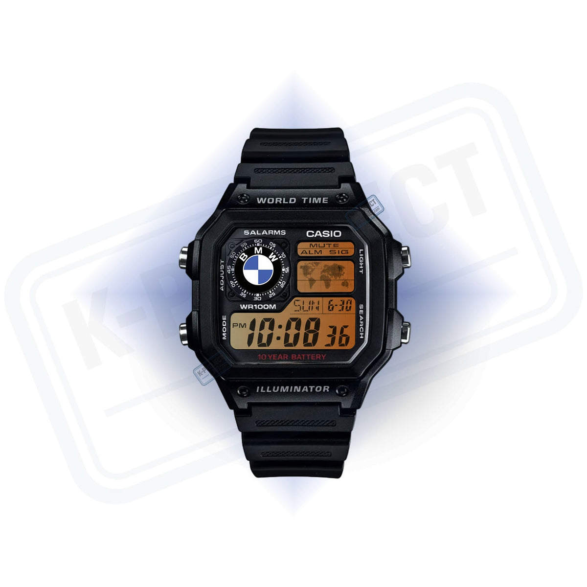 Casio AE-1200 Midnight Bavarian mustana hartsina edestä, meripihkainen näyttö, K-Project Labilta