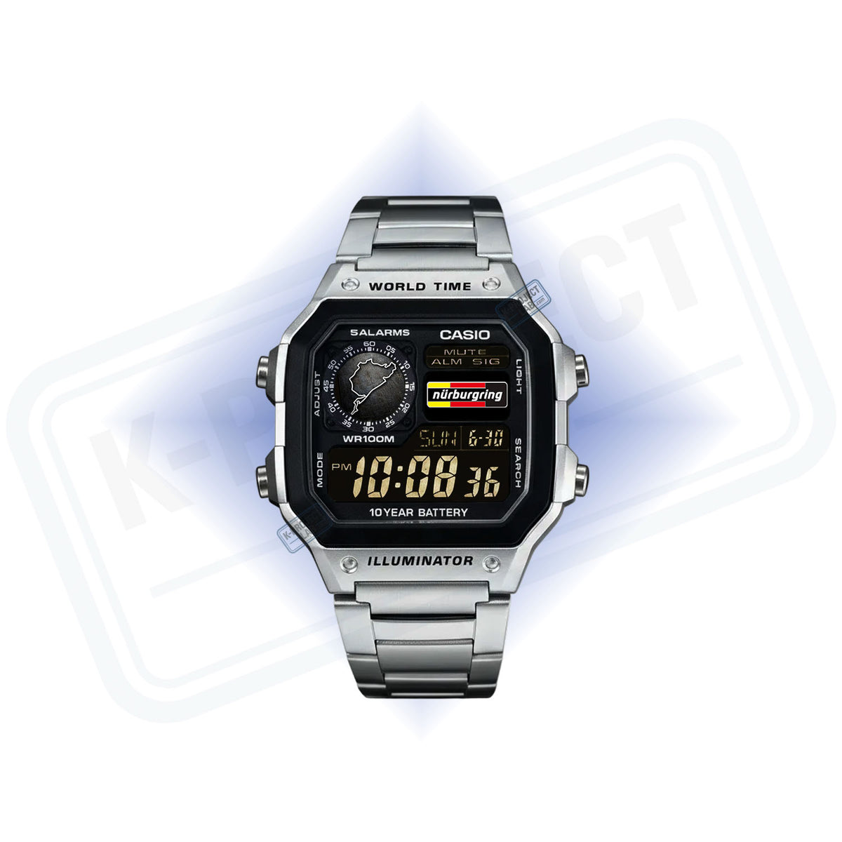 Casio AE-1200 Nordschleife Signal i stål, framifrån, med bandets sträckning på urtavlan, från K-Project Lab