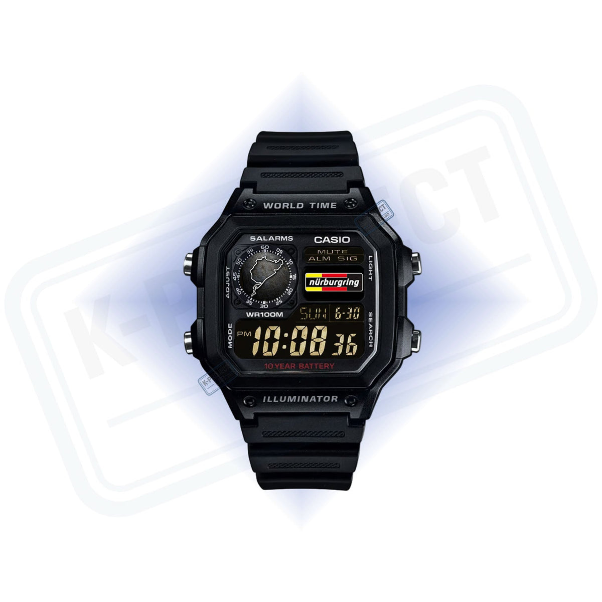Casio AE-1200 Nordschleife Signal i svart resin framifrån, bärnstensfärgade siffror, från K-Project Lab