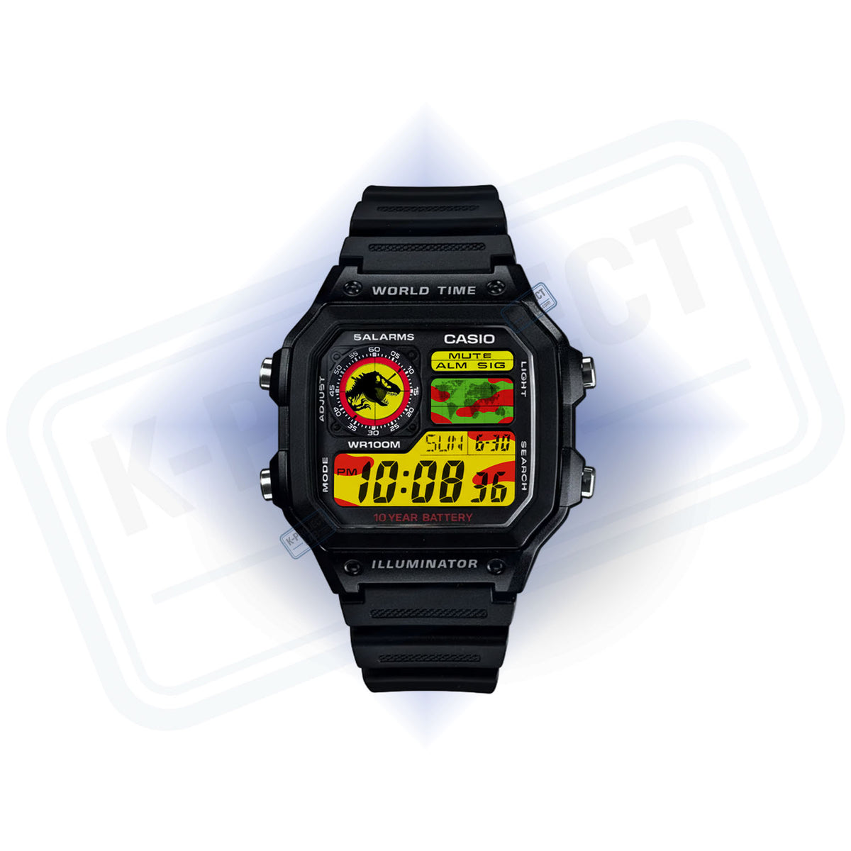 Casio AE-1200 Nublar Signal Custom Mod, reloj Casio personalizado estética jurásica por KProjectLab