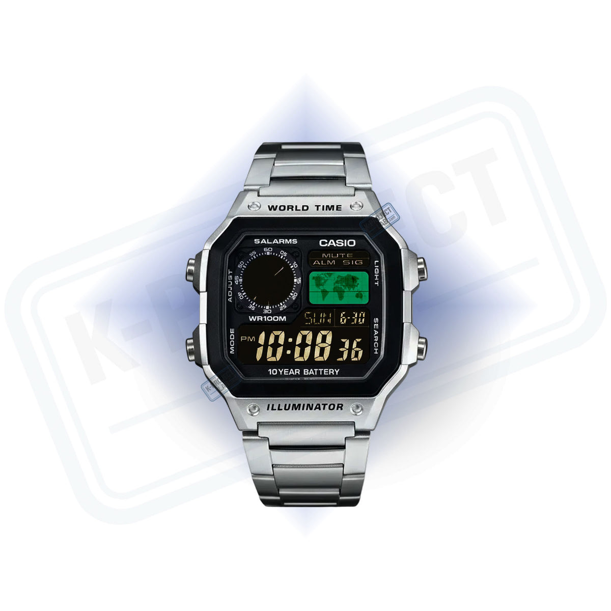 Casio AE-1200 Obsidian Grid teräksisenä edestä, metalliranneke ja vihreä maailmankartta, K-Project Labilta