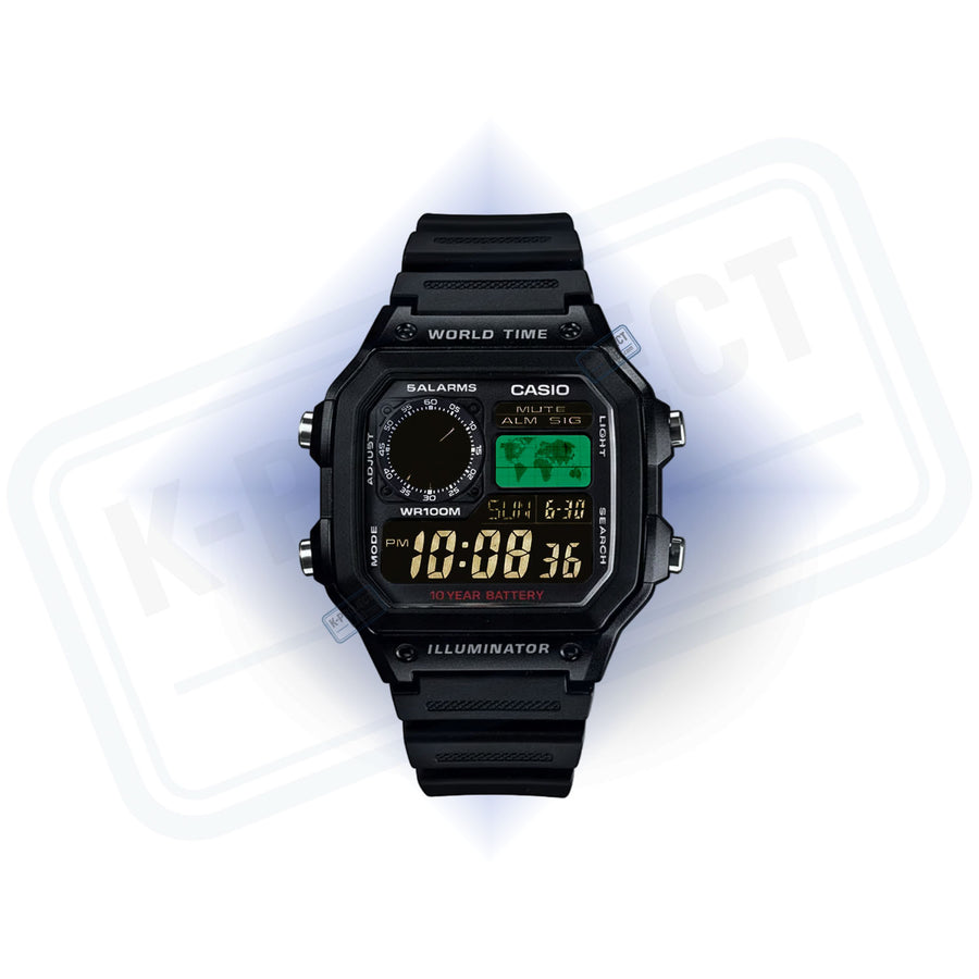 Casio AE-1200 Obsidian Grid in zwarte resin van voren, zwarte wijzerplaat en groen venster, van K-Project Lab
